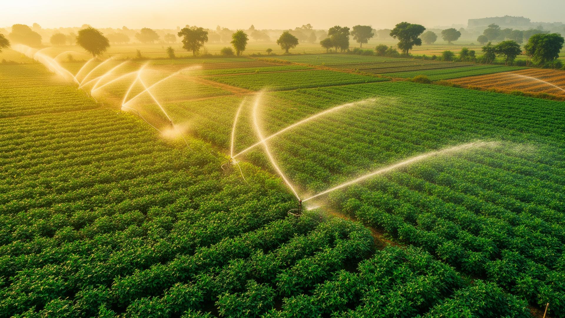 Sprinklers watering Indian farmland at golden hour